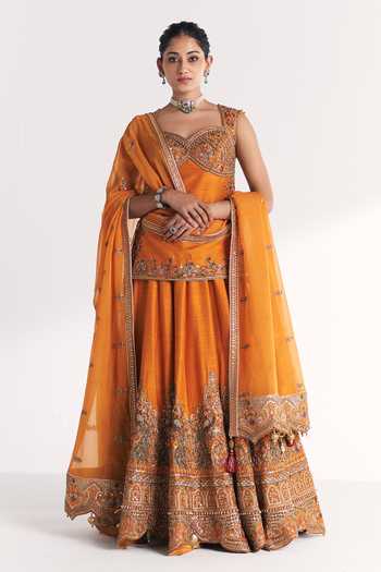 Studio Bagechaa Mor Mustard Embroidered Kurta Lehenga Set 