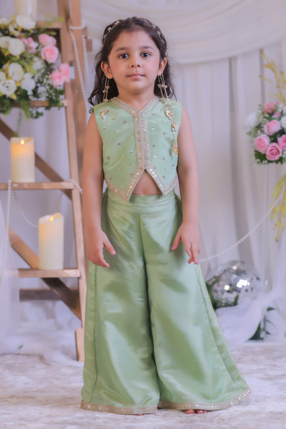 Lil Angels Green Tissue Waistcoat & Palazzo Set