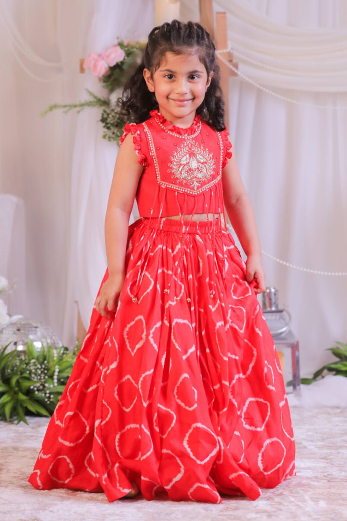 Lil Angels Red Bandhej Embroidered Lehenga With Blouse