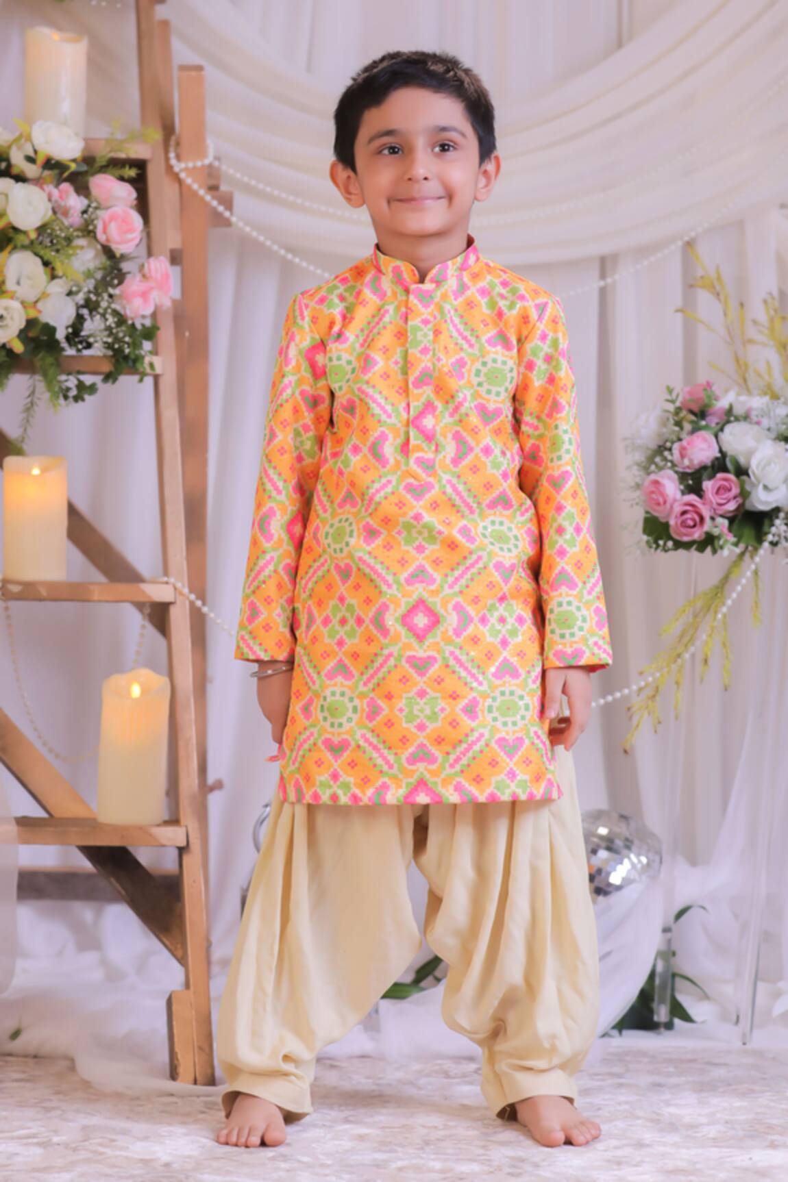 Lil Angels Orange Ikat Pattern Kurta Set