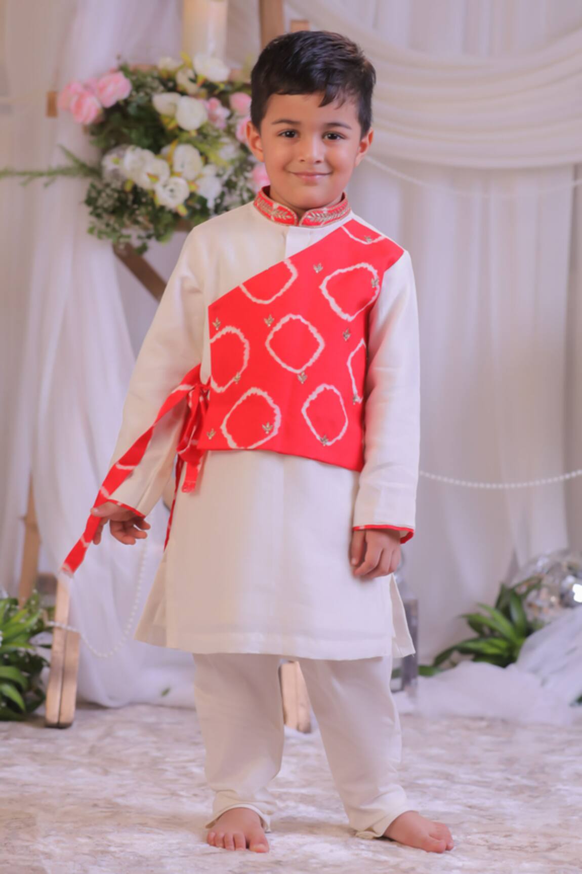 Lil Angels Red Bandhej Pattern Kurta Set