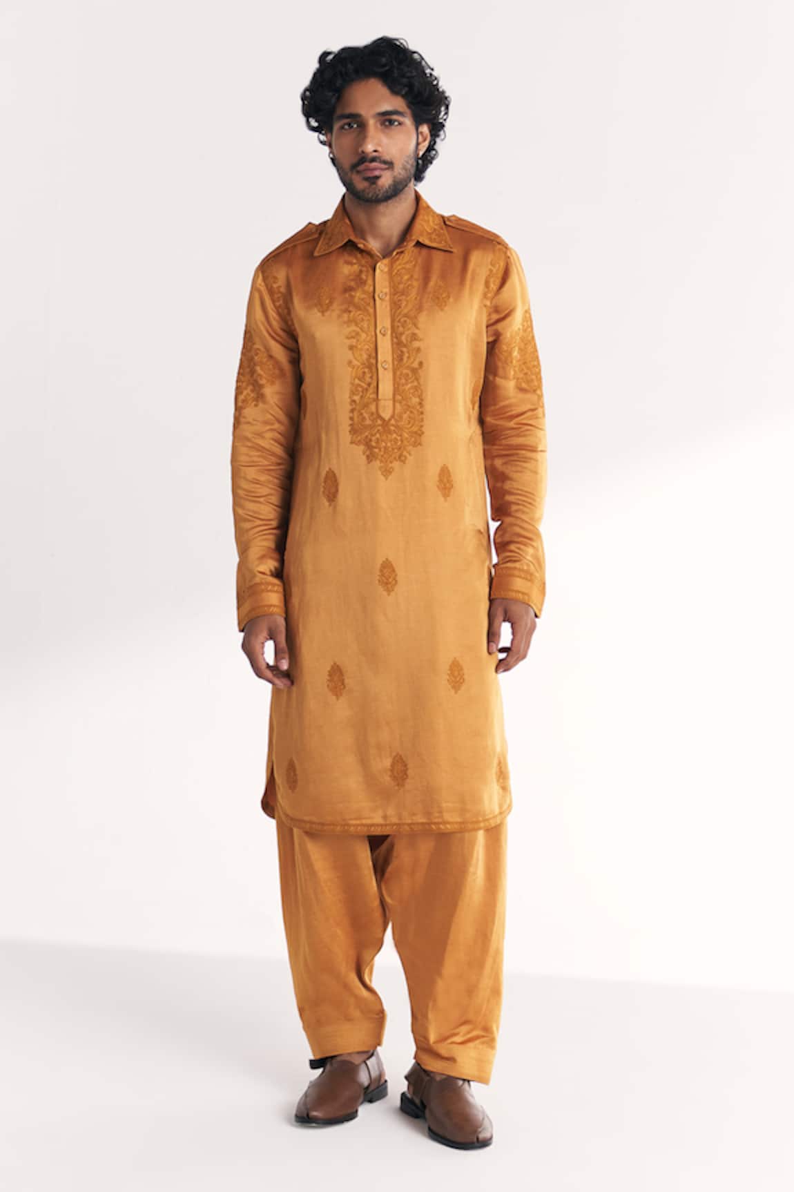 Studio Bagechaa Nazir Mustard Embroidered Pathani Kurta Set