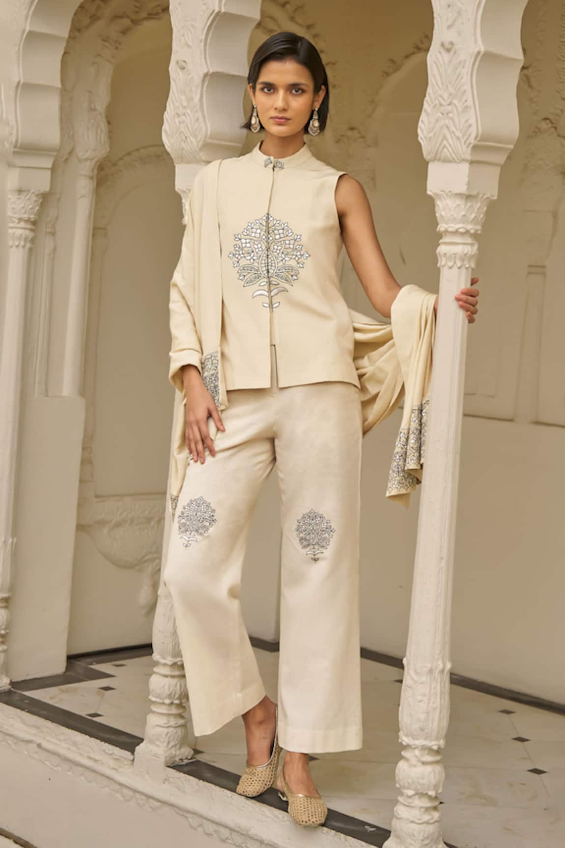 Dash And Dot Beige Motif Pant Set With Shawl 