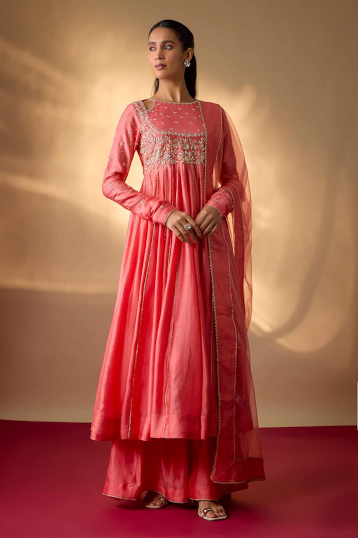 The Aarya Chanderi Hand Embroidered Anarkali Palazzo Set 