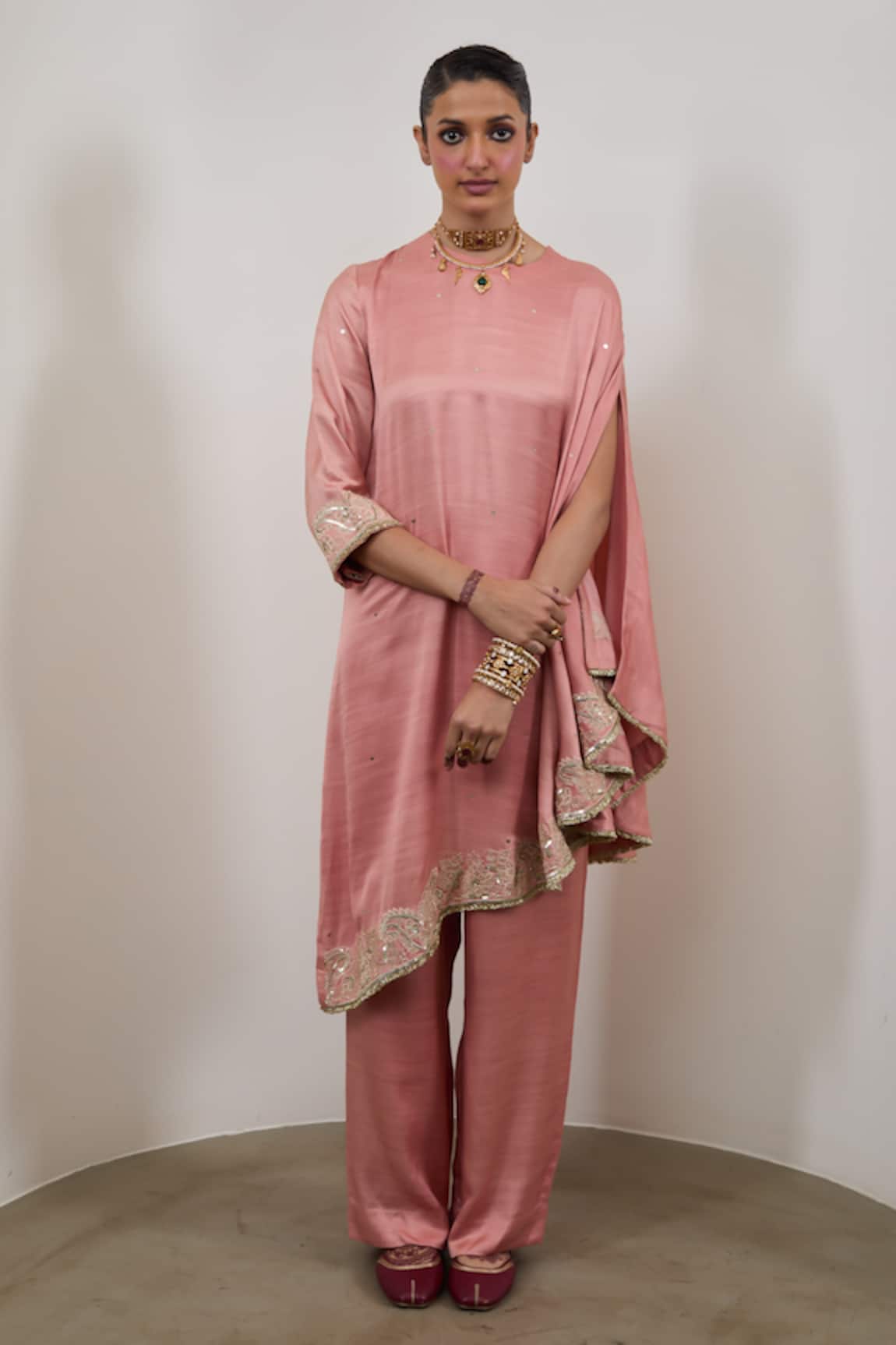 Sheela Suthar Embroidered One Sleeve Asymmetric Cape & Pant Set