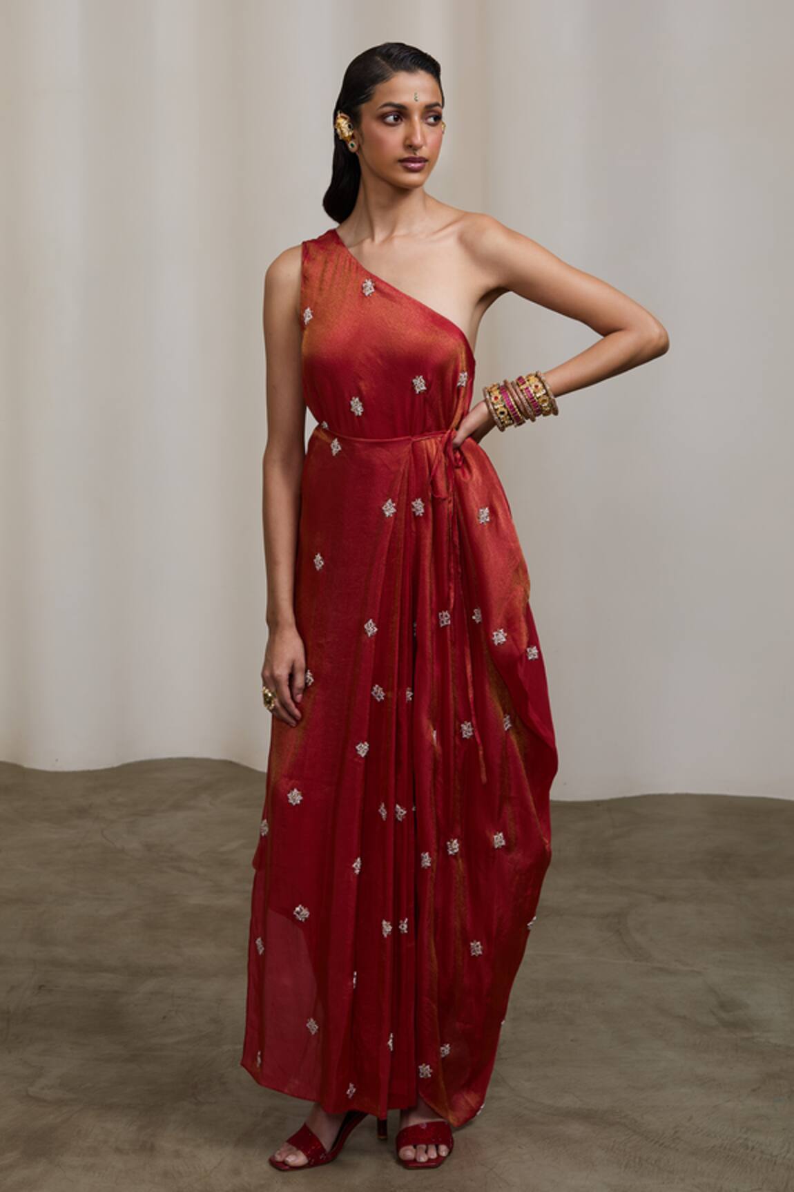 Sheela Suthar Embroidered One Shoulder Pleated Dress