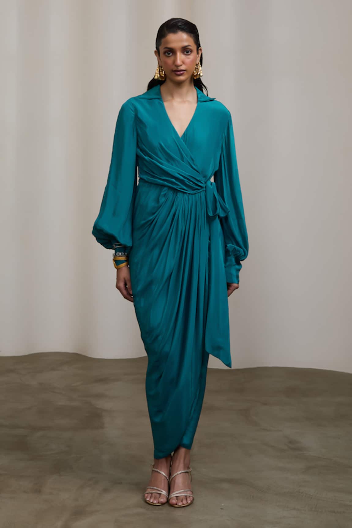 Sheela Suthar Crepe Wrap Dress With Balloon Sleeves