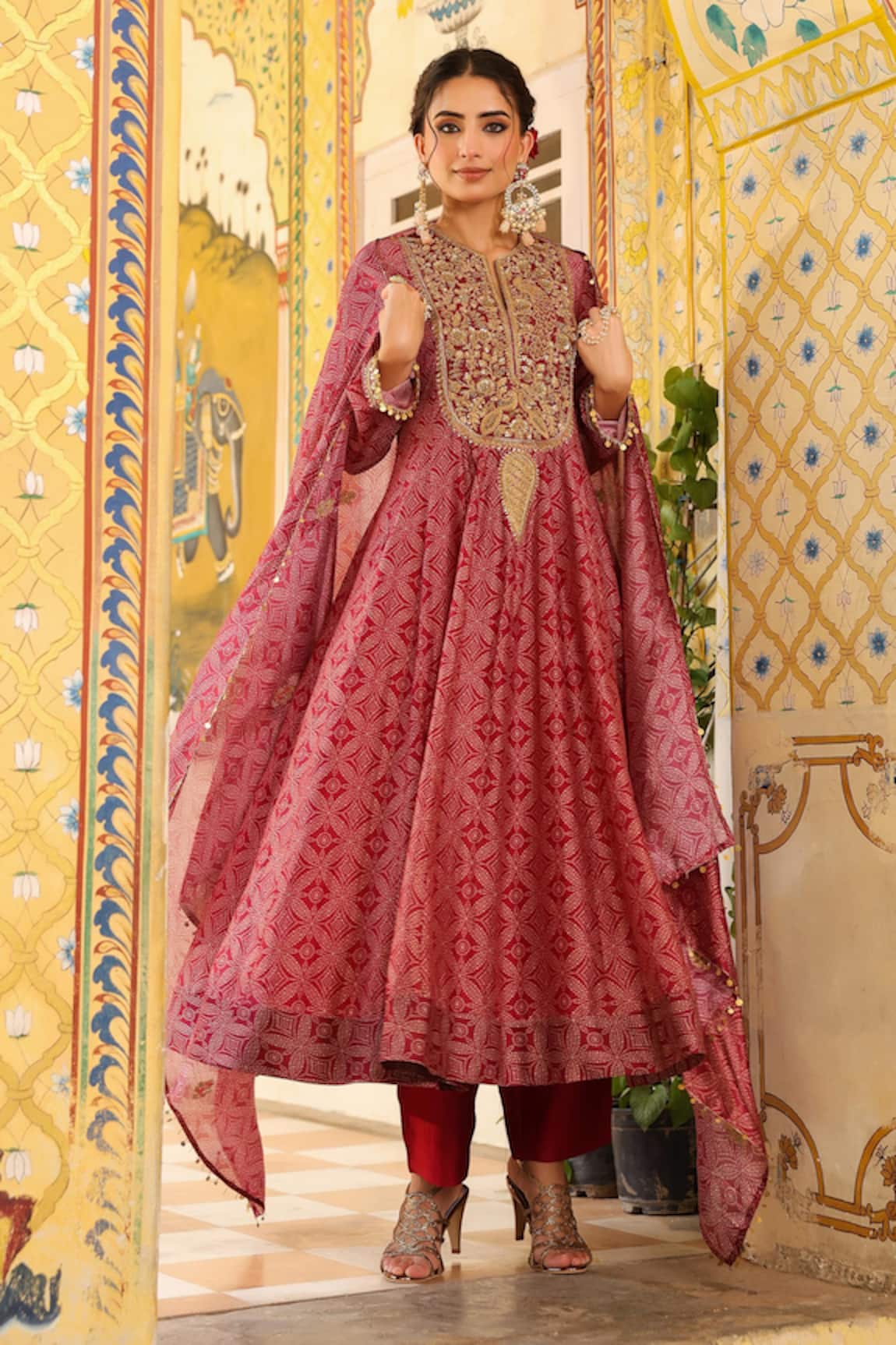 Label Niti Bothra Maroon Printed Anarkali Set 