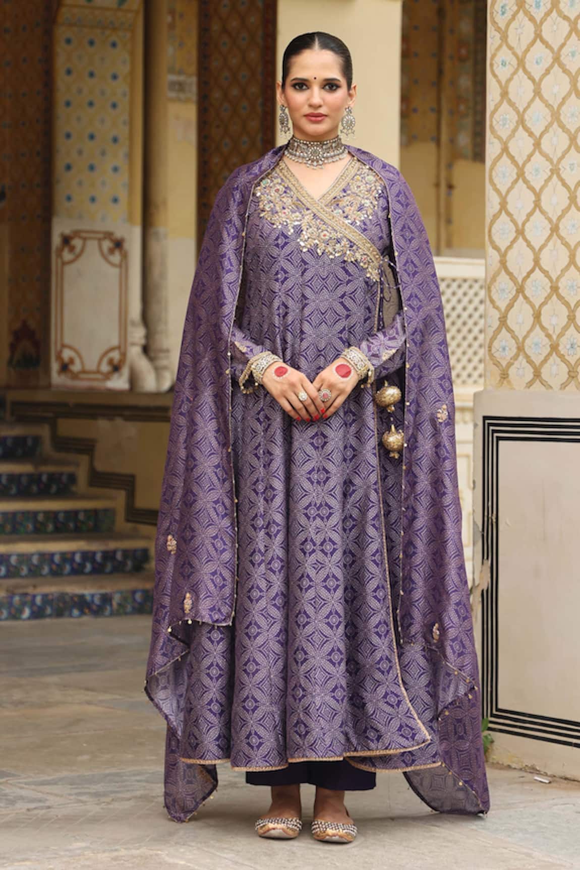 Label Niti Bothra Purple Printed Angarkha Set 