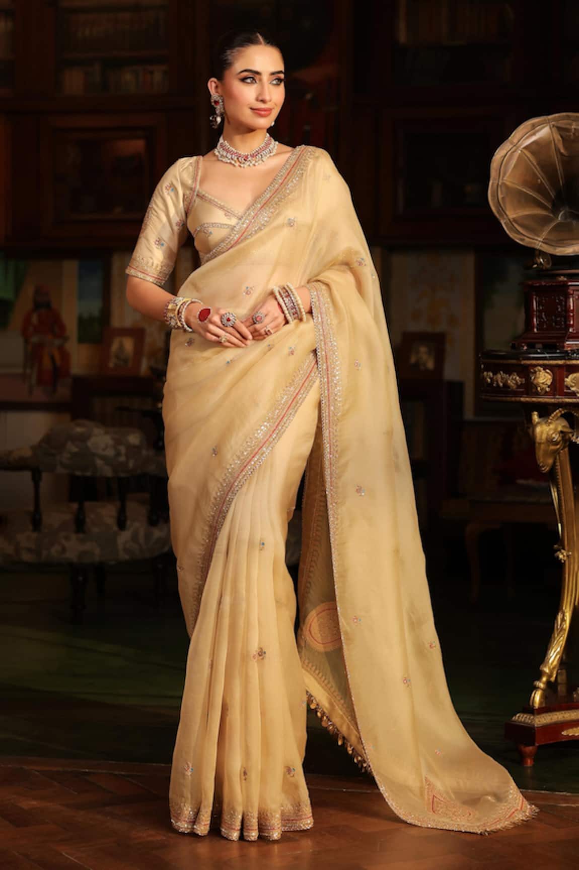 Label Niti Bothra Ivory Patti Buta Saree With Blouse 
