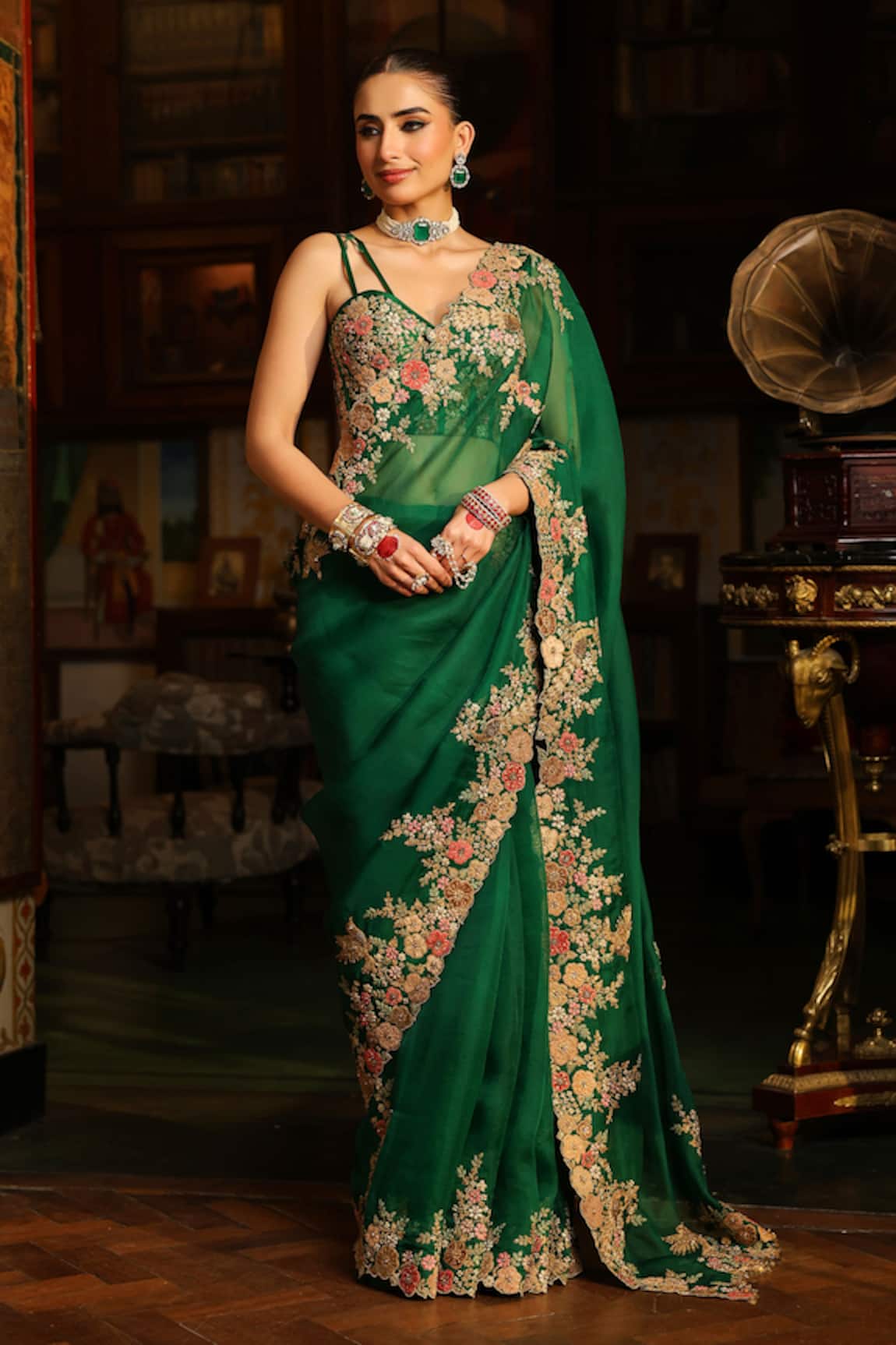 Label Niti Bothra Green Mayur Applique Cutwork Saree With Blouse 
