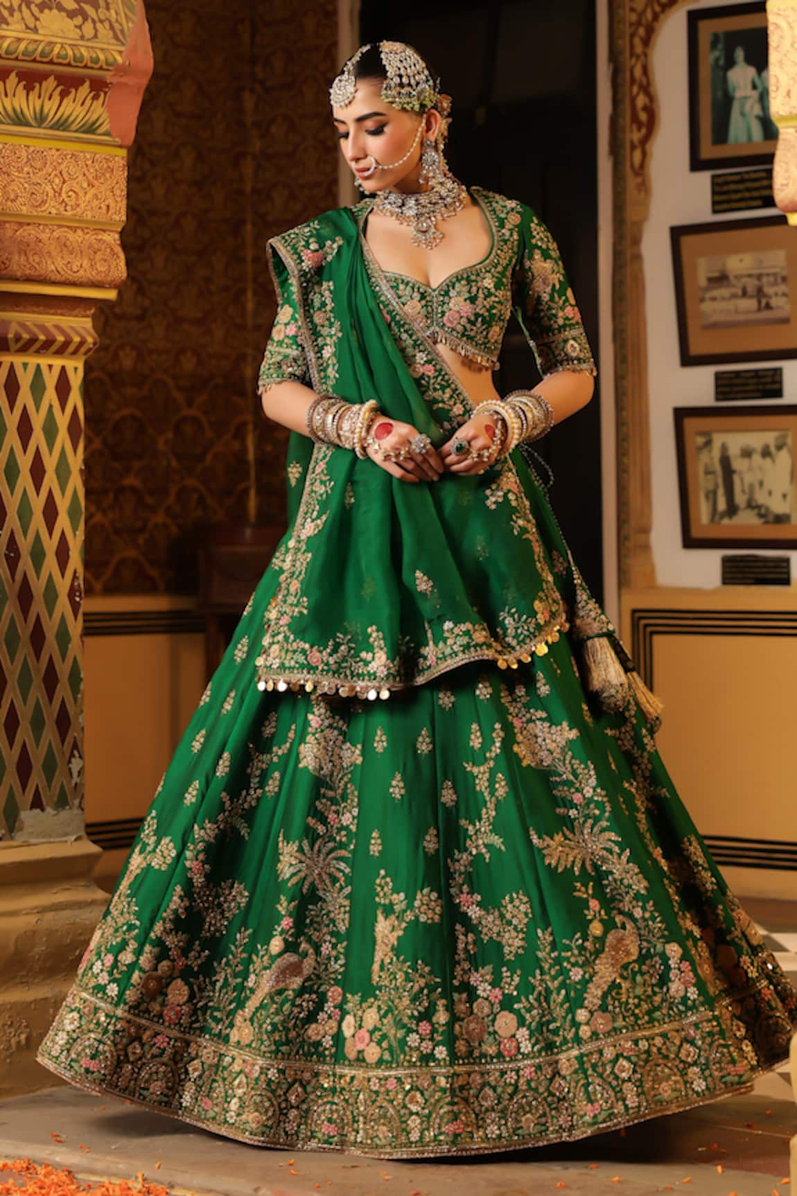 Label Niti Bothra Green Mayur Applique Embroidered Lehenga Set 