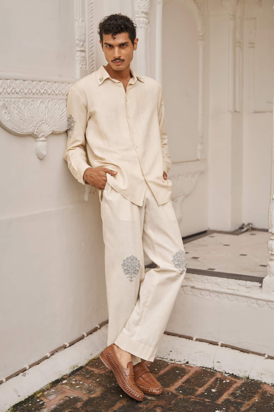 Dash And Dot Motif Embroidered Shirt & Pant Set