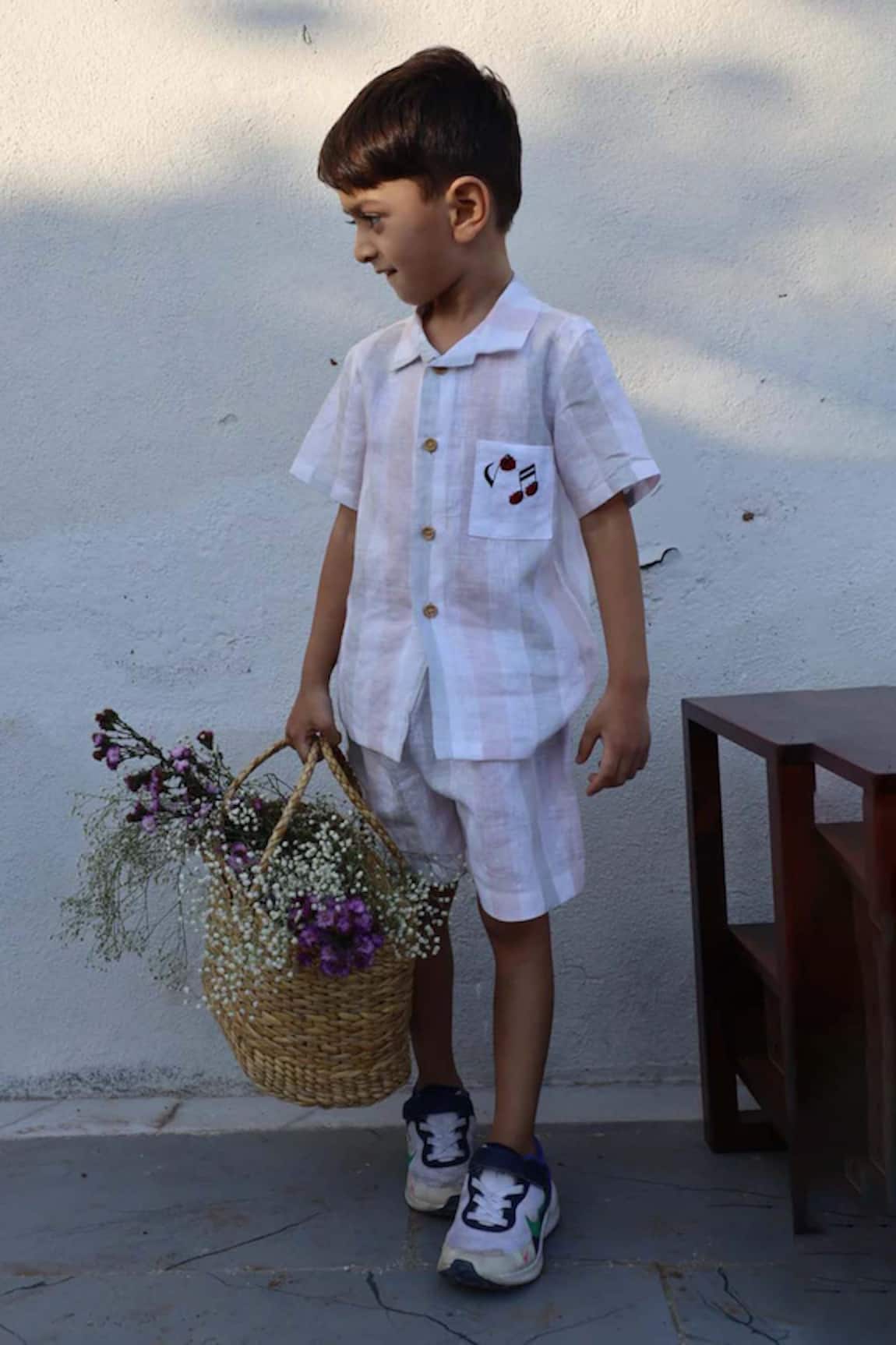 Funny Bones Clothings Melodic Stripes Pure Linen Shirt With Shorts