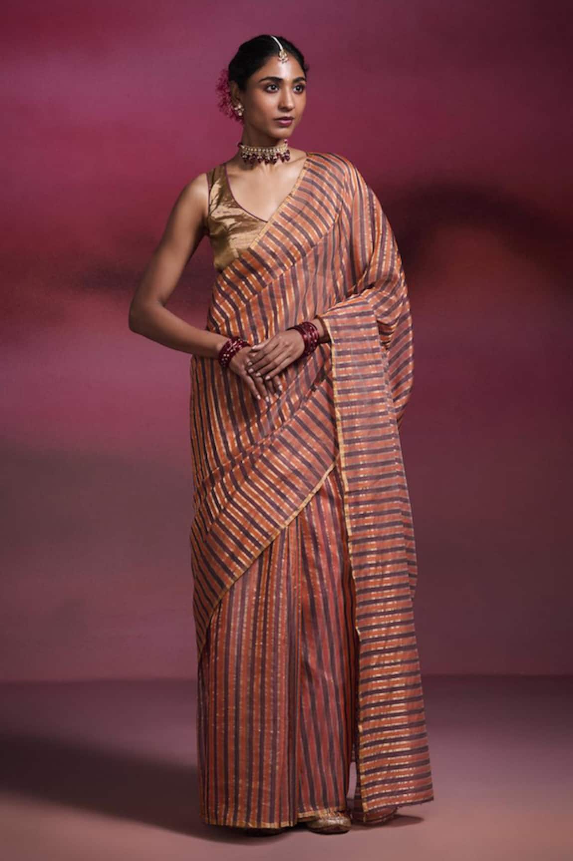Dressfolk Mandira Chanderi Striped Saree with Running Blouse