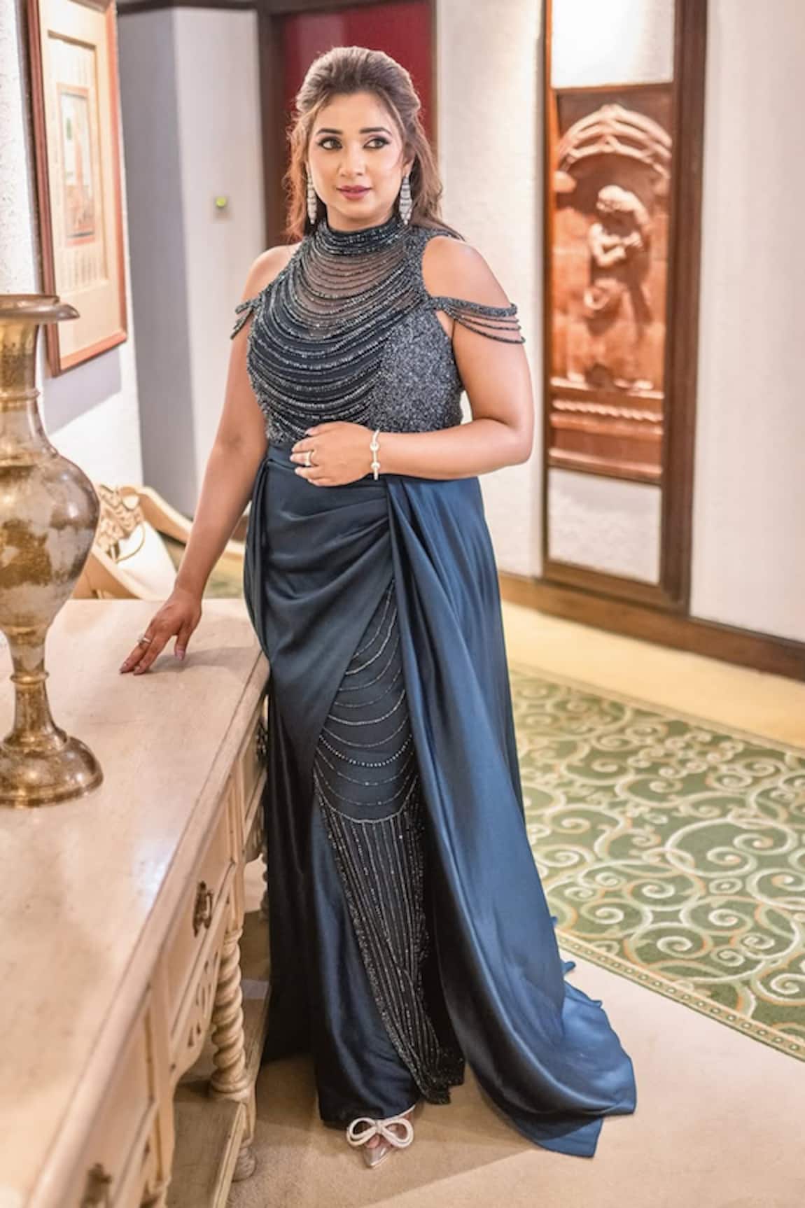 Eli Bitton Pearl Embroidered Slit Gown