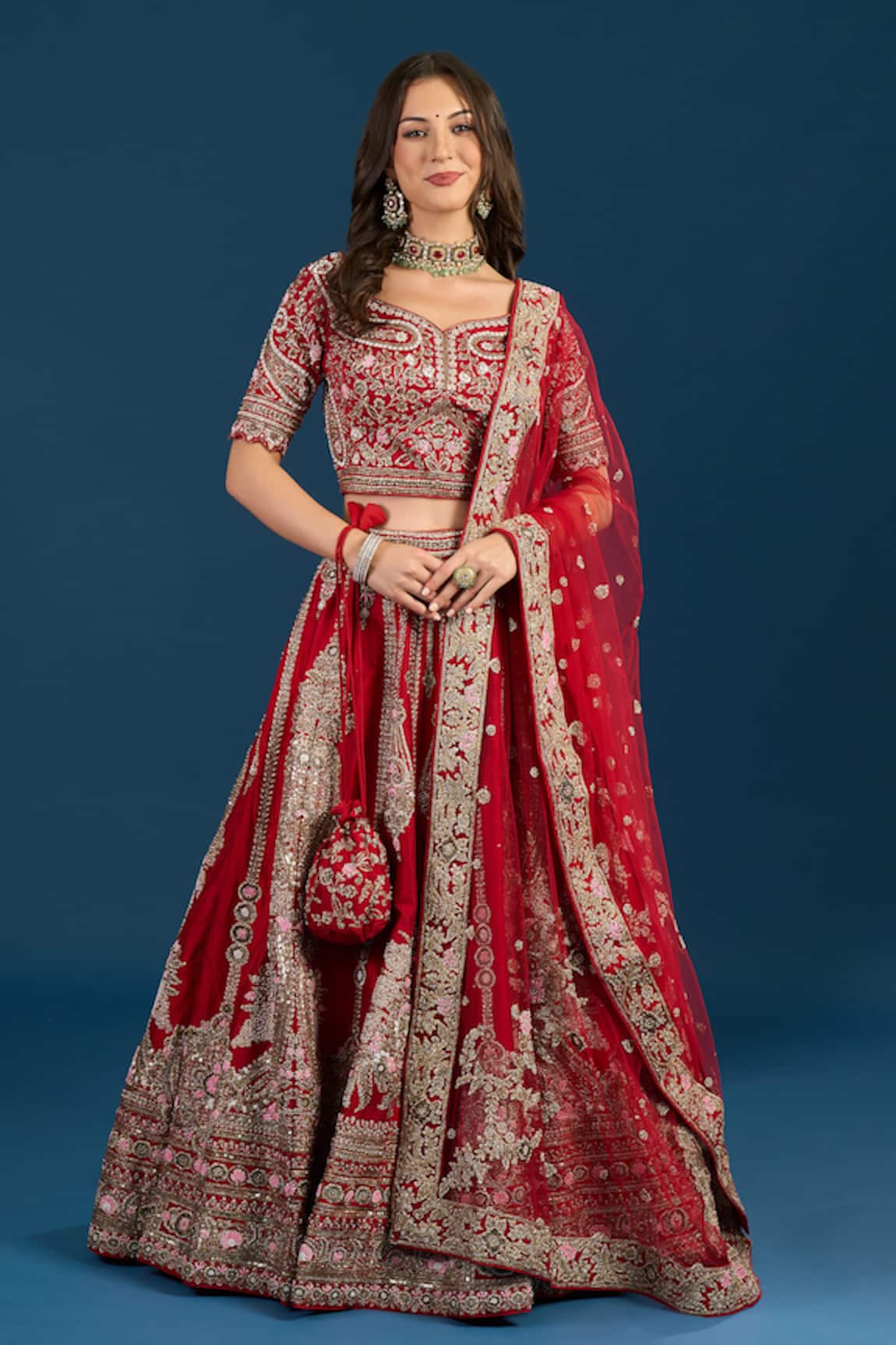 Azeera Red Zari Embroidered Bridal Lehenga Set