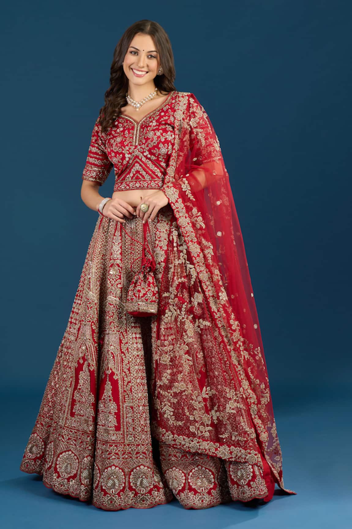 Azeera Red Hand Embroidered Bridal Lehenga Set