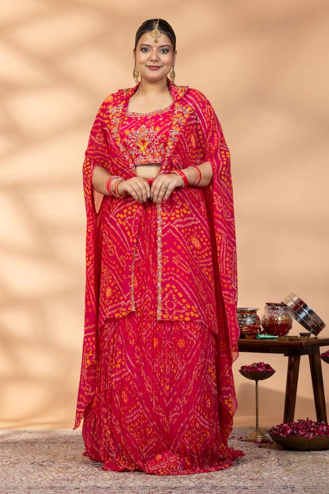 Mamicha Bandhej Embroidered Kurta Pant & Cape Set