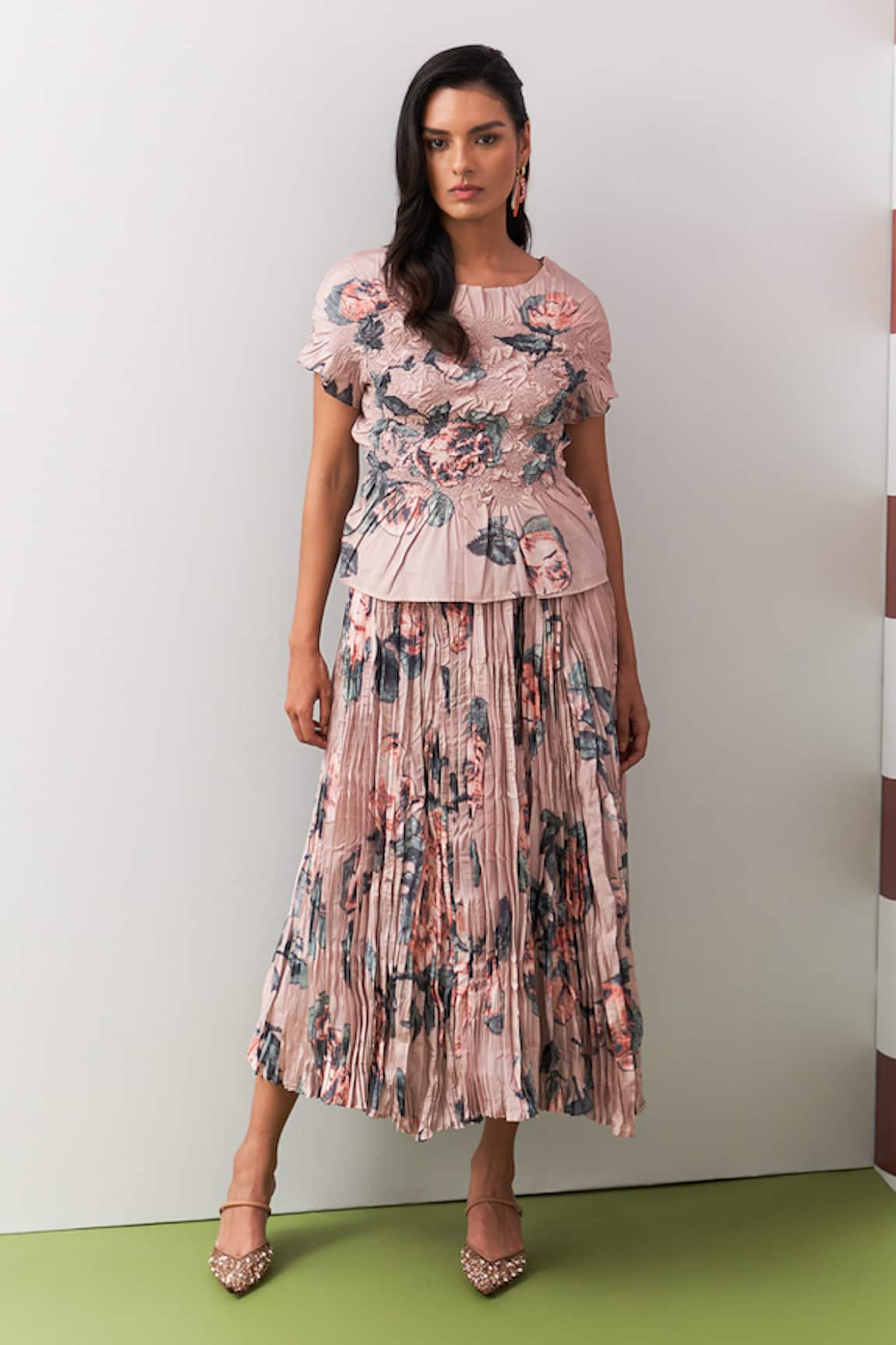 Pleats By Aruni Peach Jasmine Print Top & Skirt Set