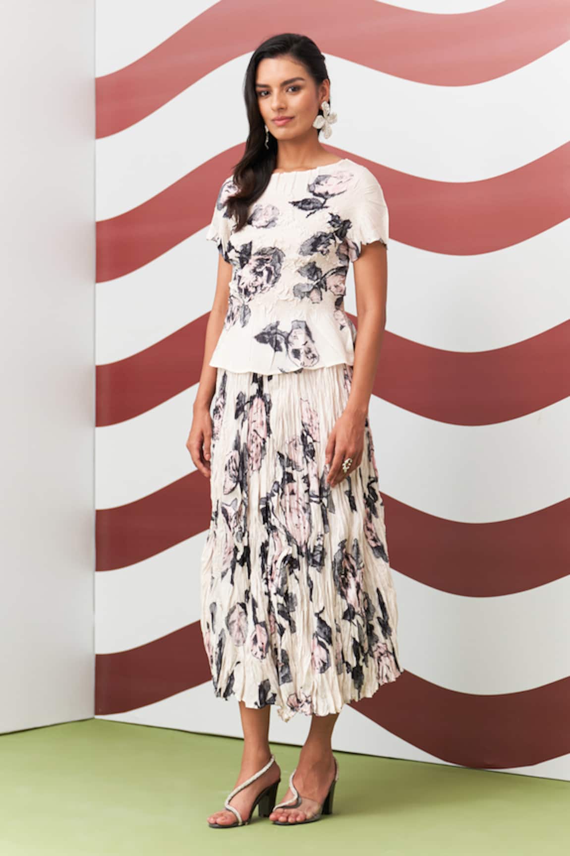 Pleats By Aruni White Jasmine Print Top & Skirt Set