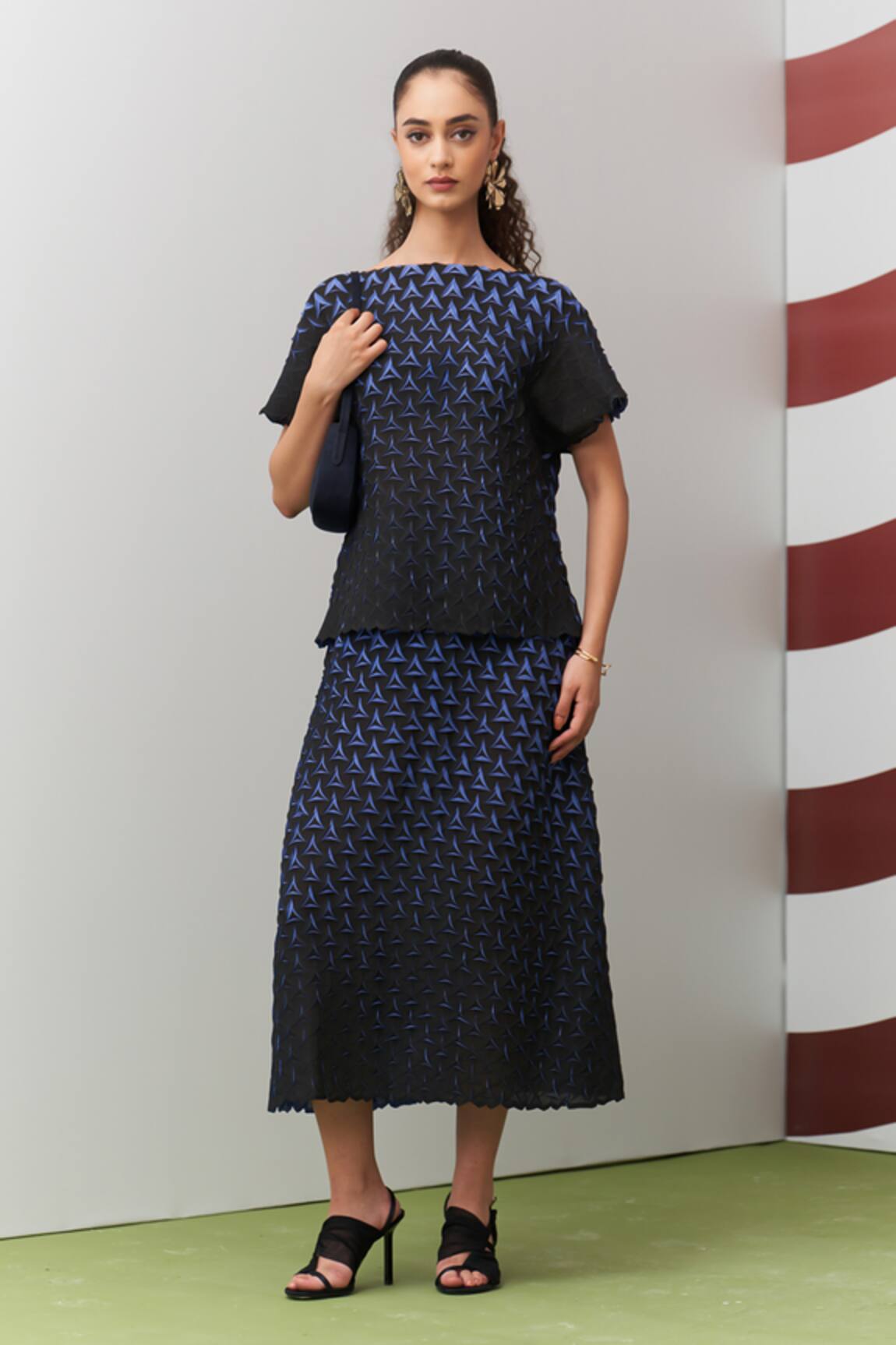 Pleats By Aruni Blue Black Alto Pleated Skirt Set