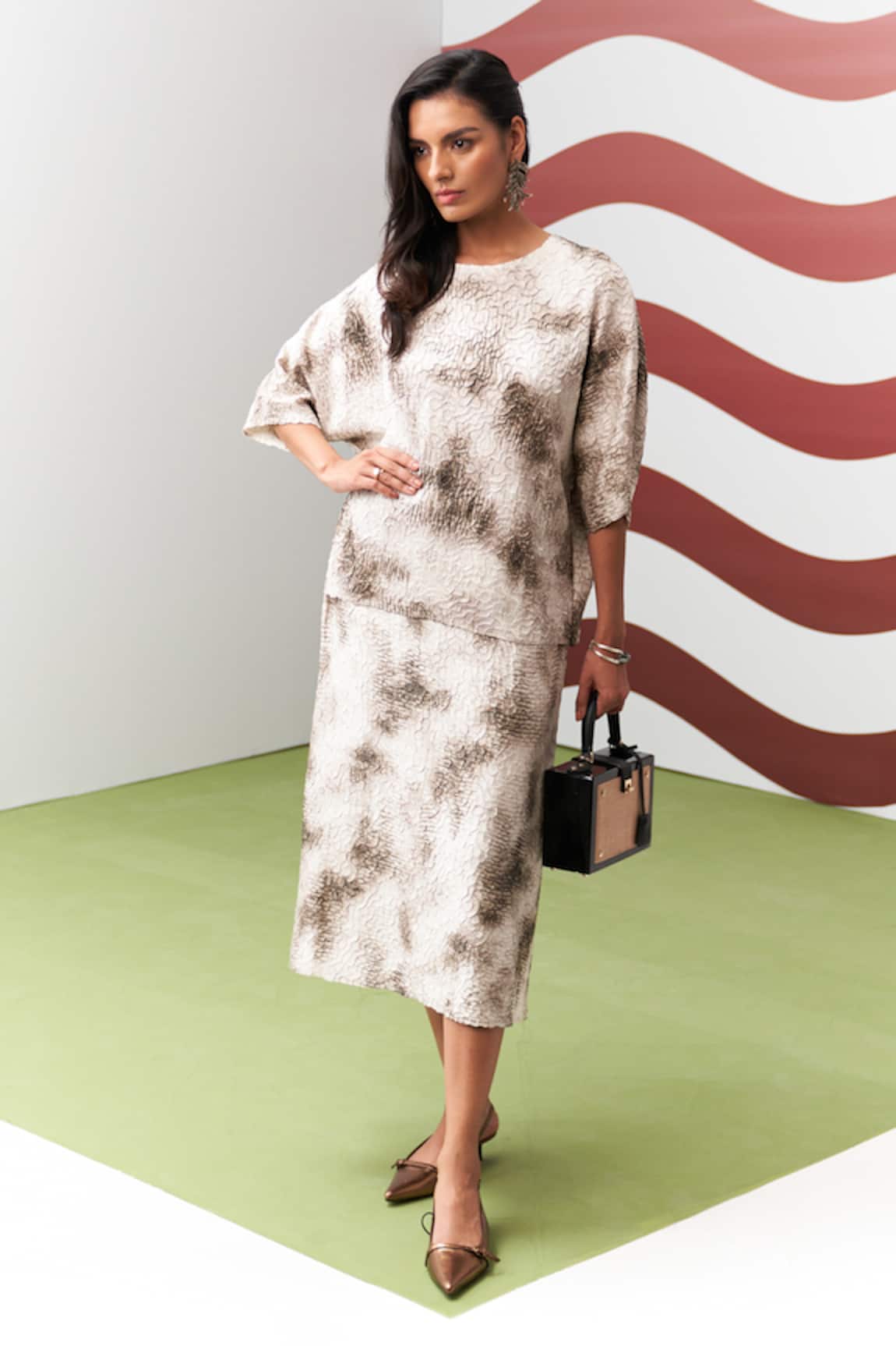 Pleats By Aruni Brown Antonia Printed Skirt Set