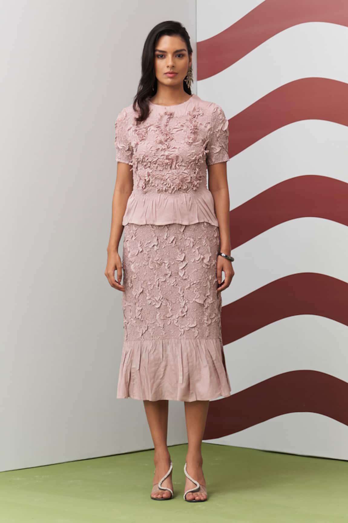 Pleats By Aruni Pink Aster Ruffle Top & Skirt Set