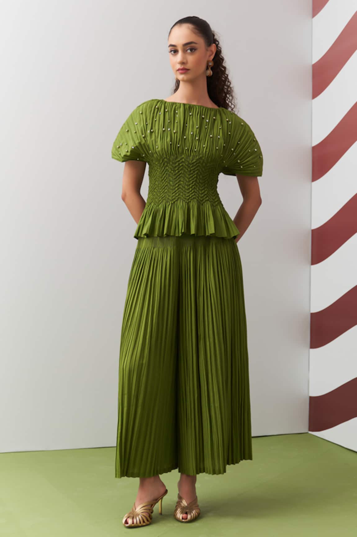 Pleats By Aruni Lime Green Weava Embellished Top & Culotte Pant Set