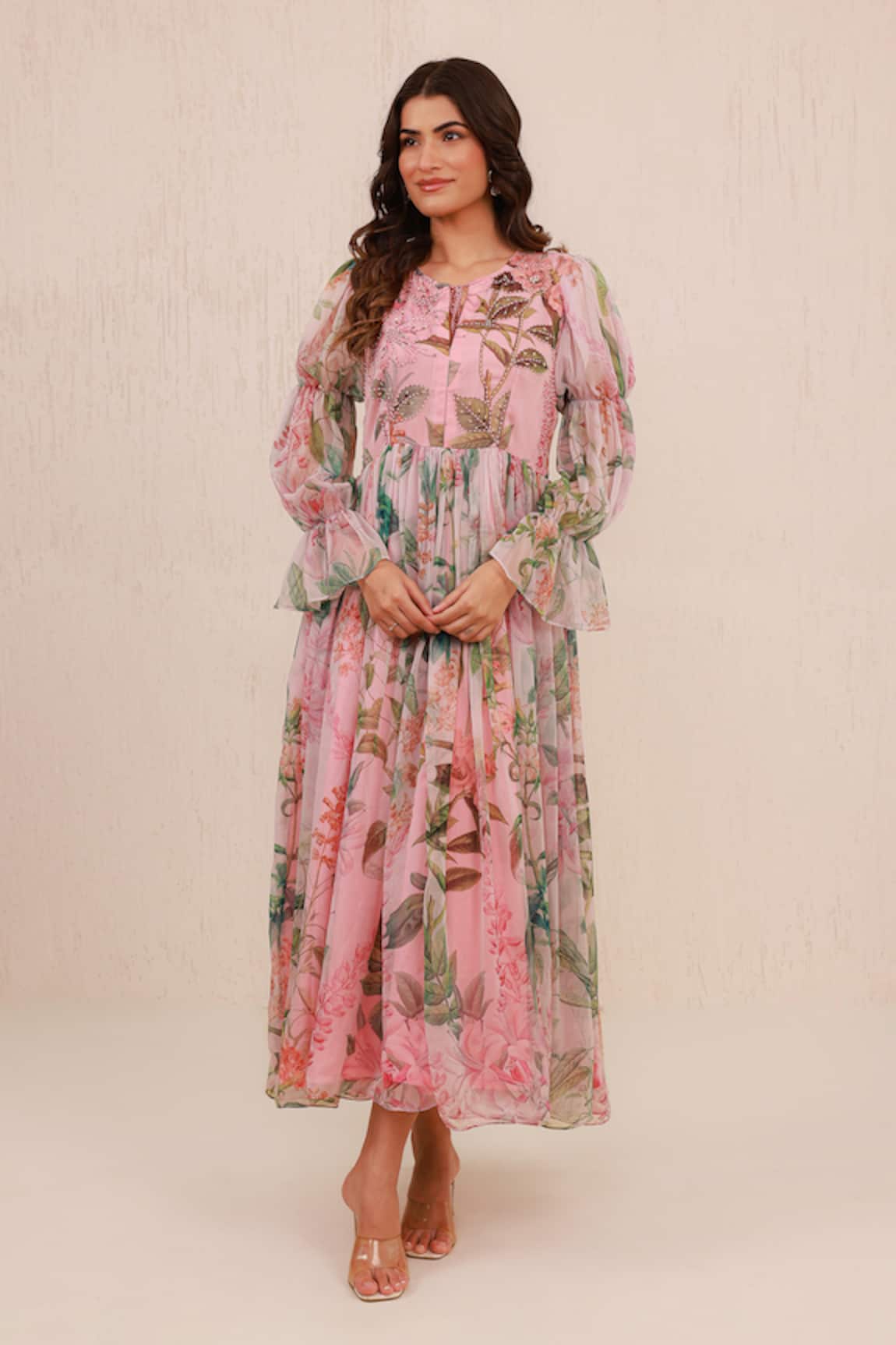 Aroop Shop India Floral Hand Embroidered Gathered Dress