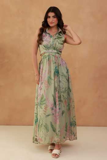 Aroop Shop India Floral Printed Collared Maxi Dress  