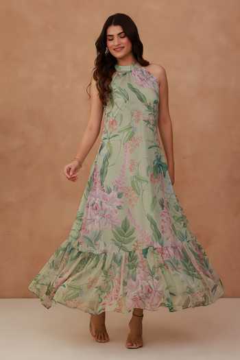 Aroop Shop India Floral Halter-Neck Tiered Gathered Dress 
