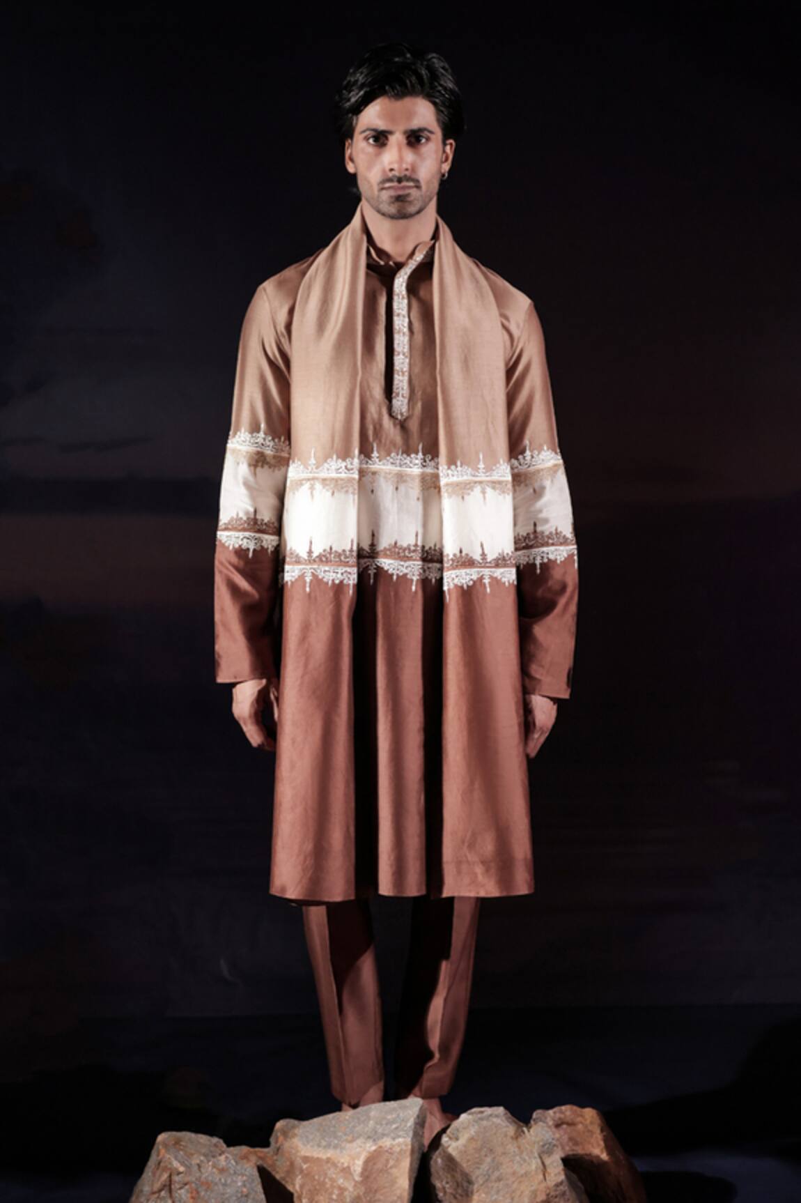 Jubinav Chadha Colorblocked Embroidered Kurta Set With Stole