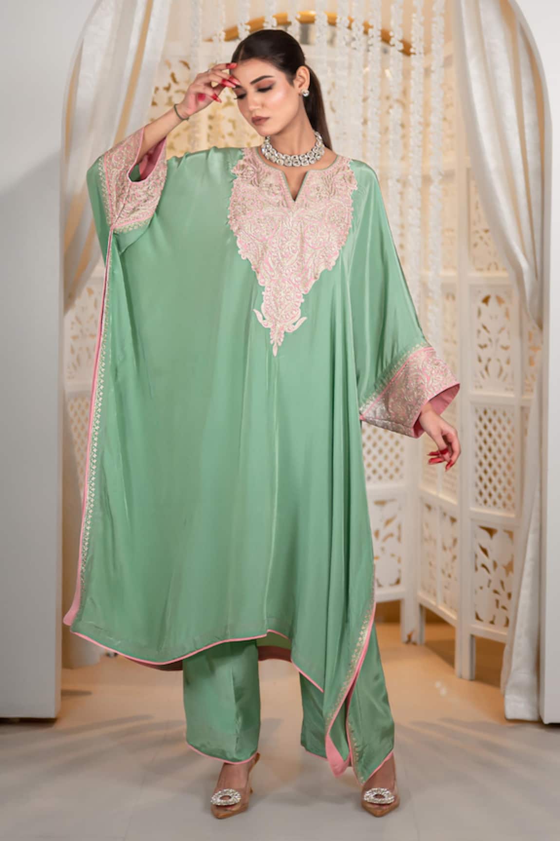 Daljit Sudan Aari Thread Embroidered Kaftan & Pant Set 