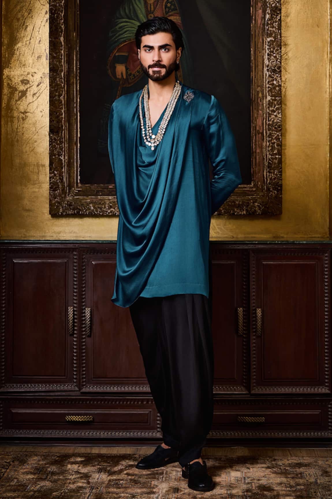 Histori Draped Satin Embroidered Kurta With Patiala Salwar