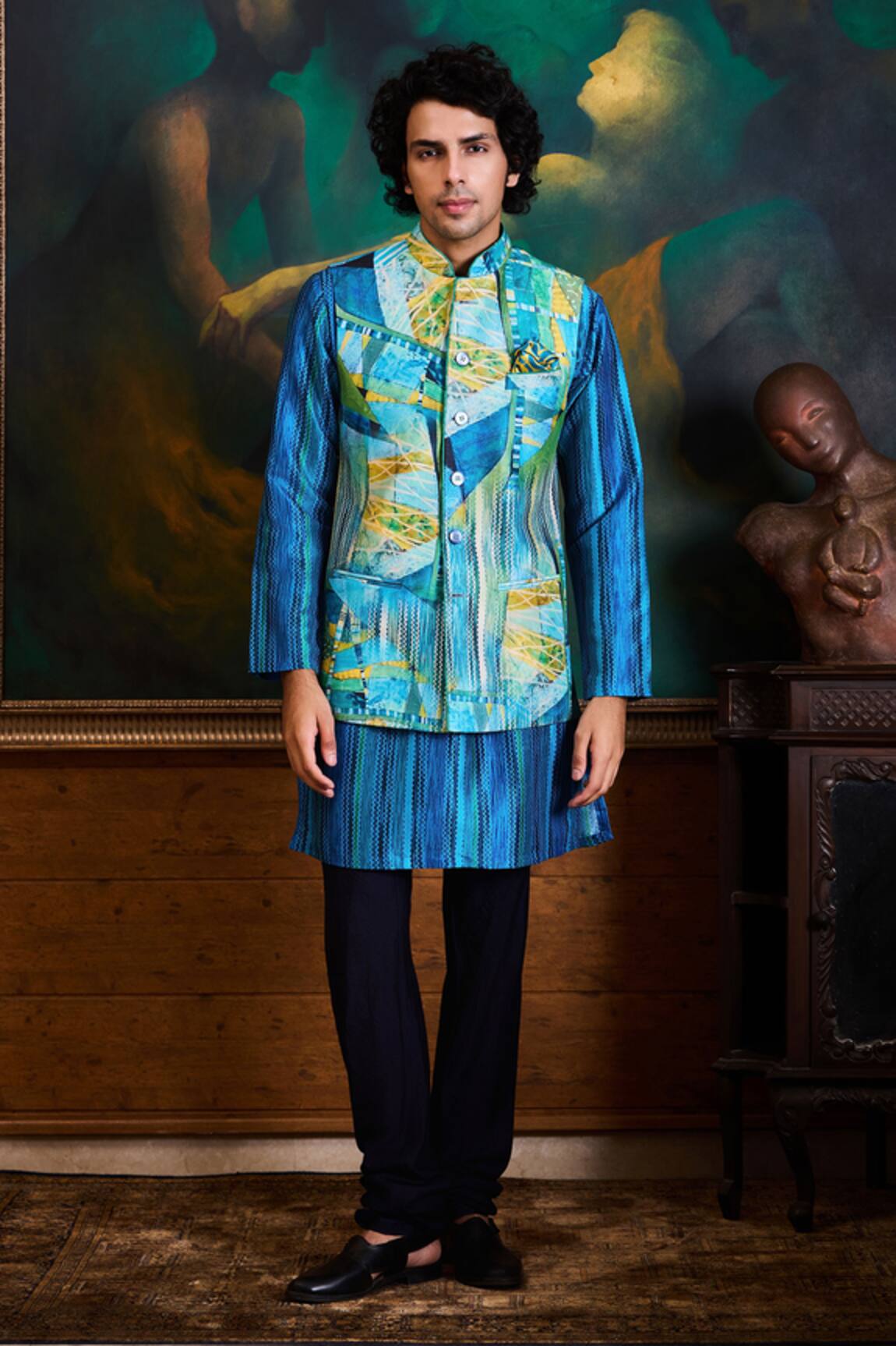 Histori Geometric Print Bundi Kurta Set