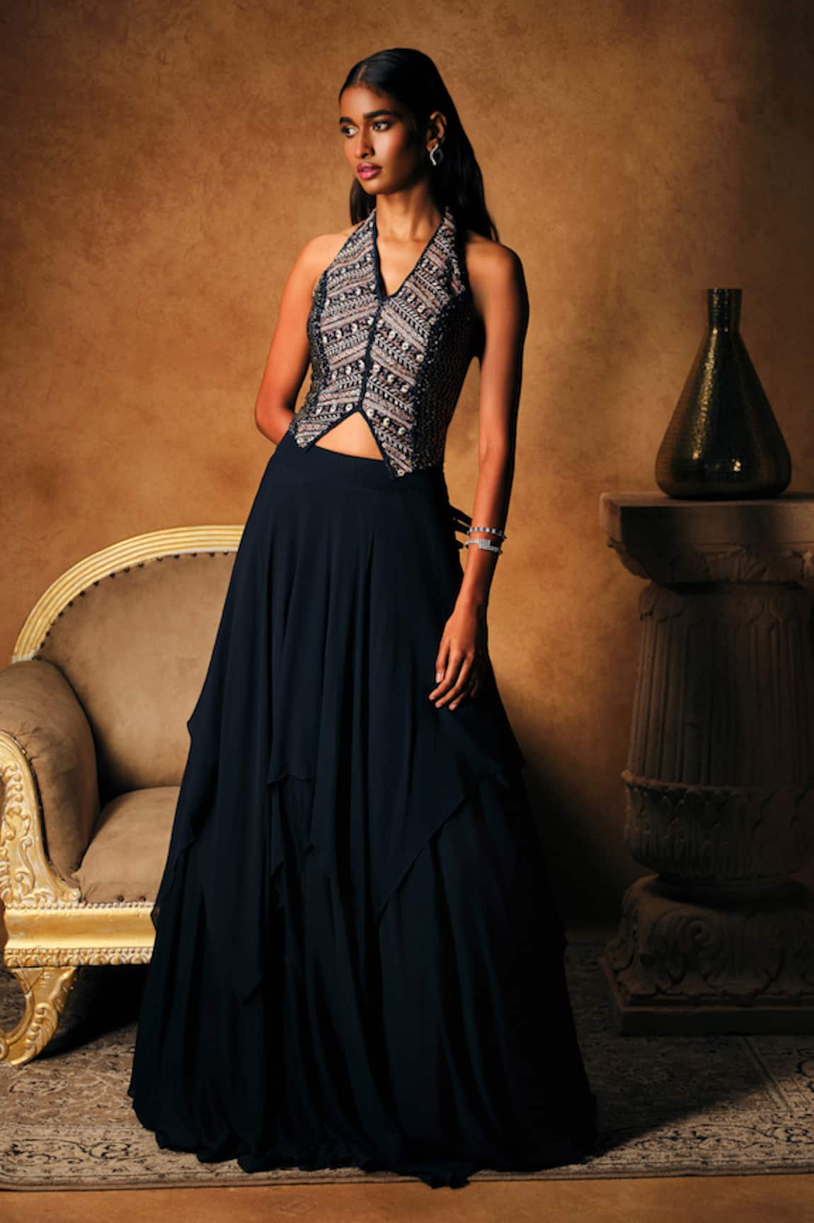 Mukta Sabharwal Zari Embroidered Blouse With Layered Lehenga