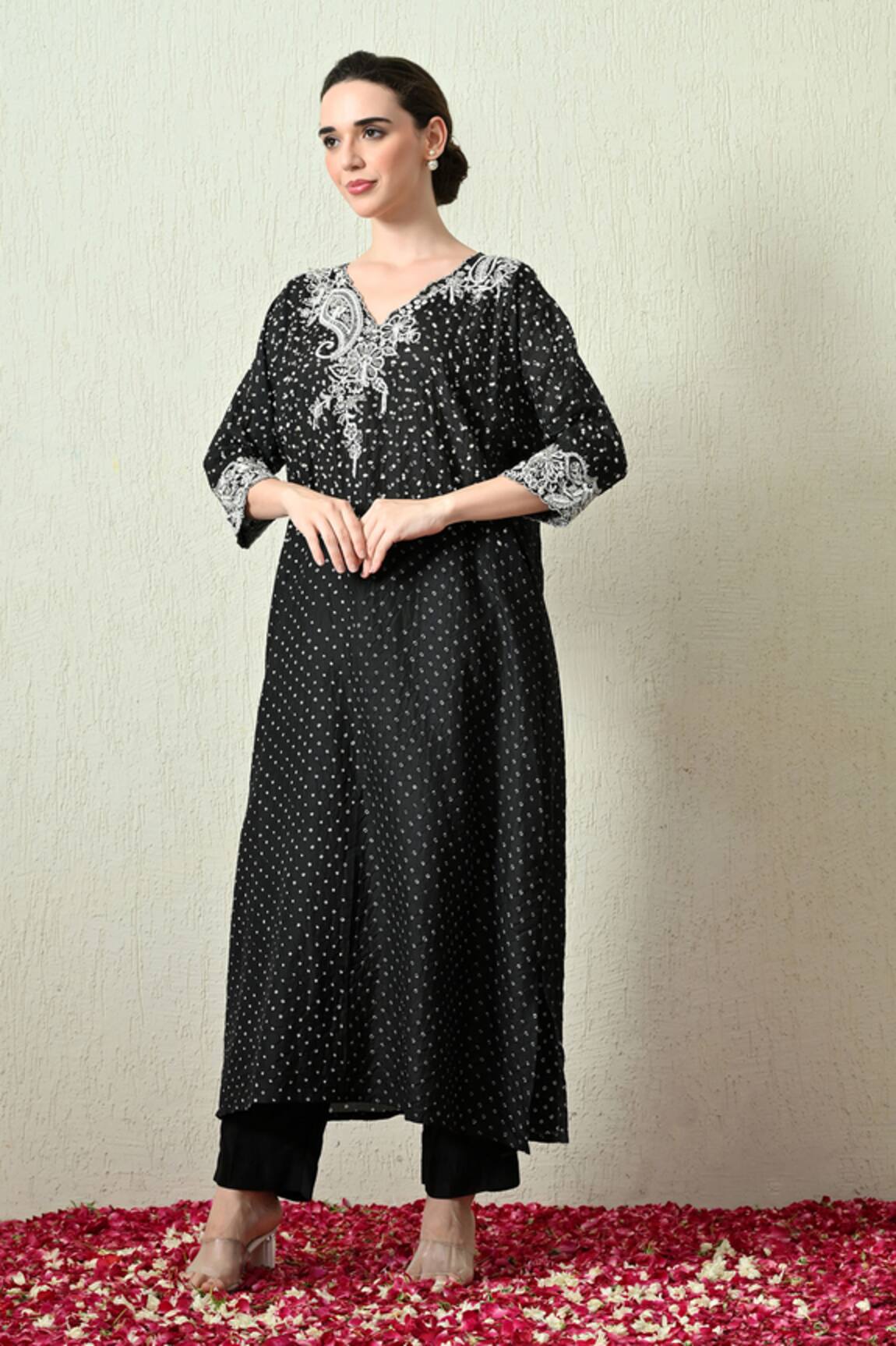 OHH CROW Bandhani Pattern Embroidered Kaftan & Pant Set