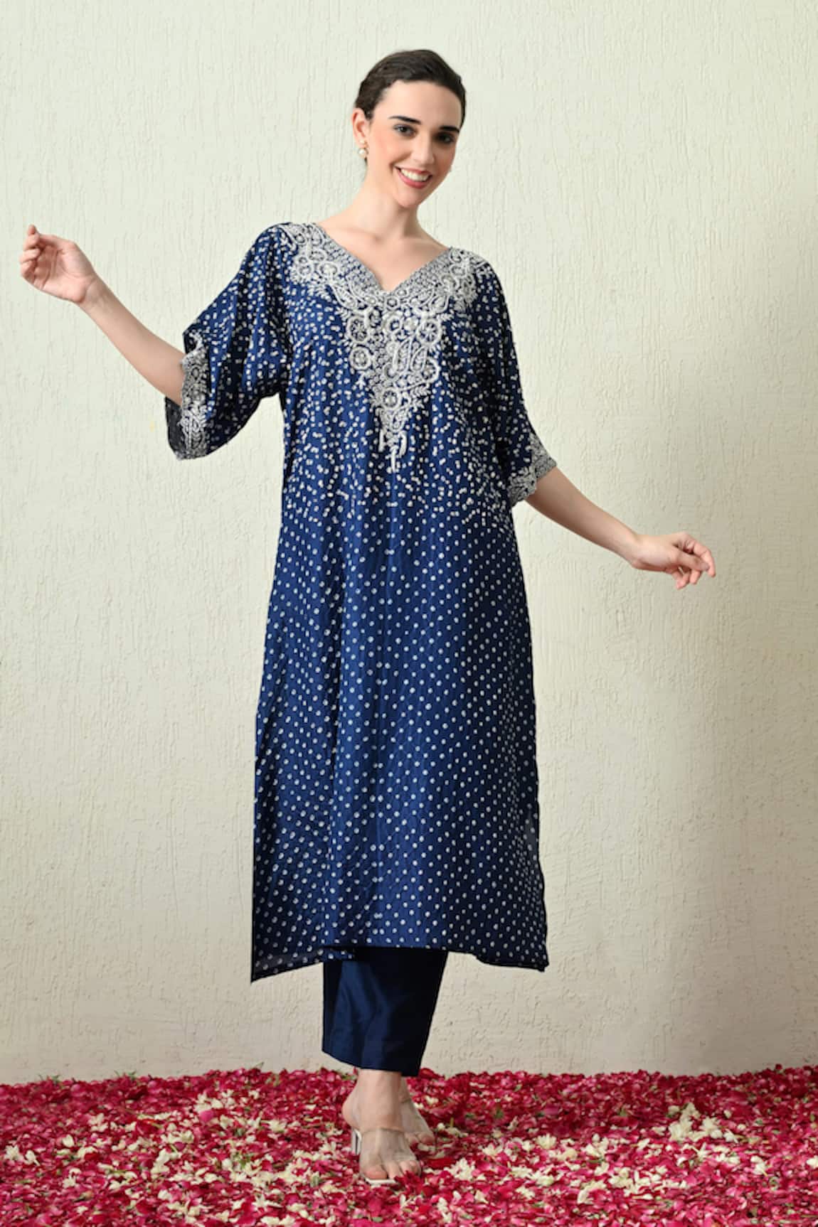 OHH CROW Embroidered Bandhani Kaftan & Pant Set