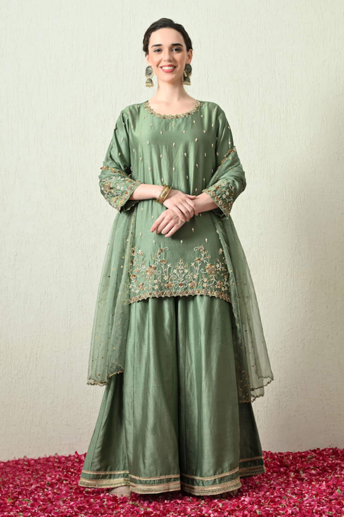 OHH CROW Chanderi Silk Embroidered Kurta Sharara Set