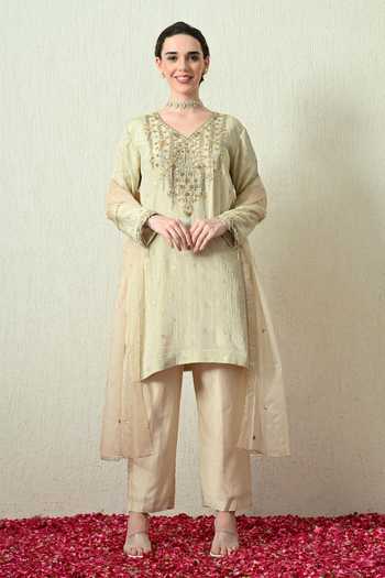 Ohh Crow Embroidered Crush Tissue Silk Kurta Set