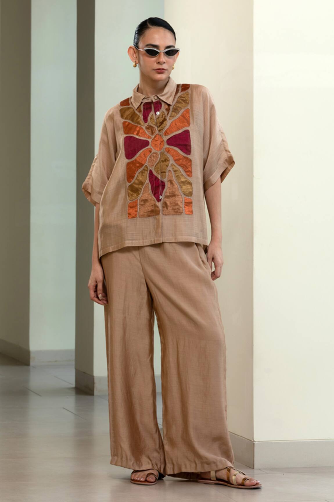 Eeda Geometric Patchwork Viscose Silk Shirt & Slip 