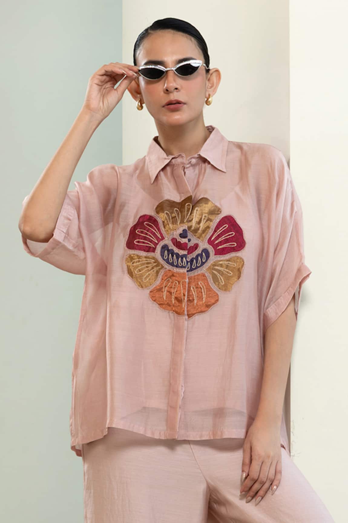 Eeda Hand-Patched Floral Motif Viscose Silk Shirt 