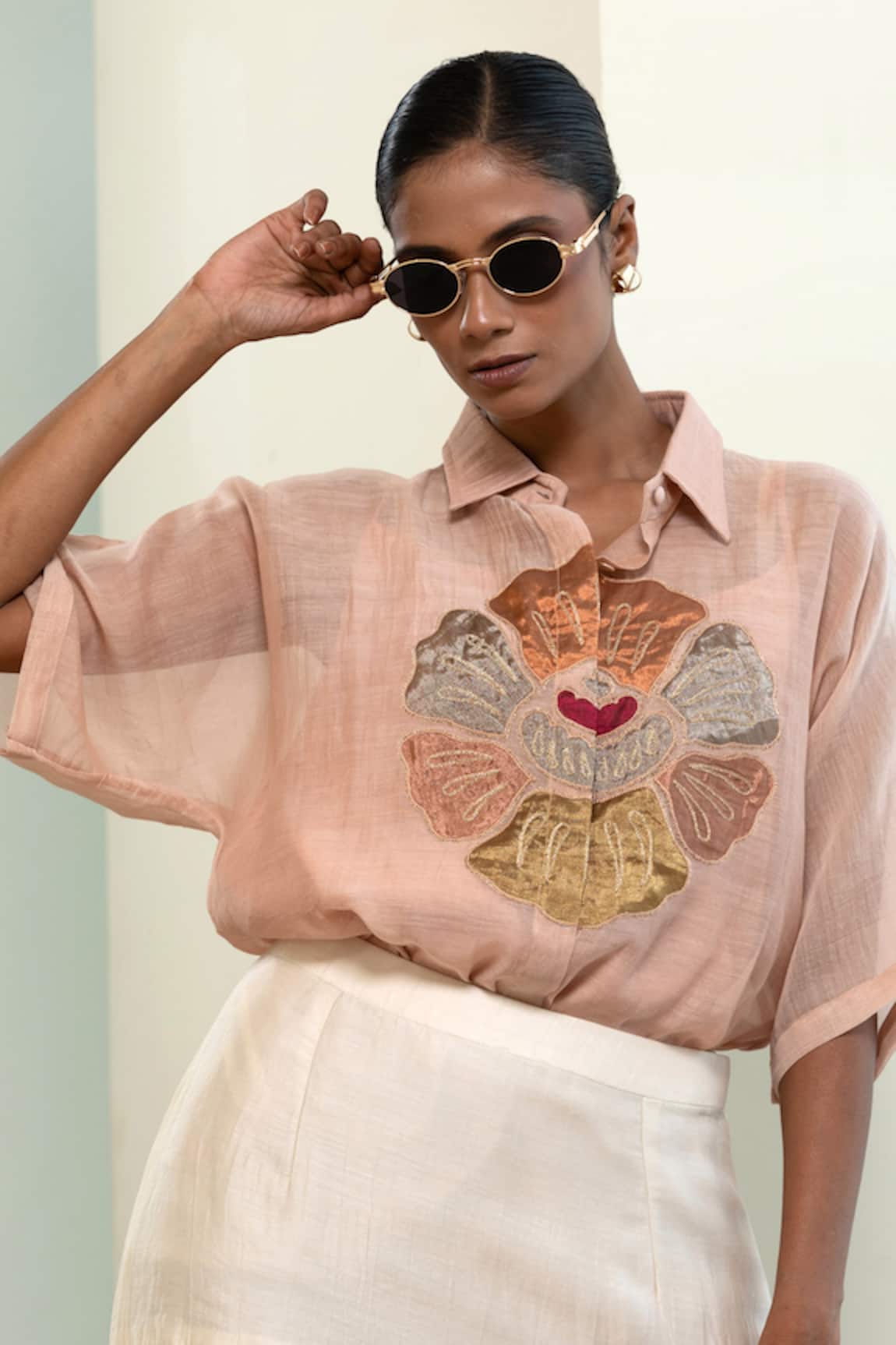 Eeda Hand-Patched Floral Motif Shirt With Inner 