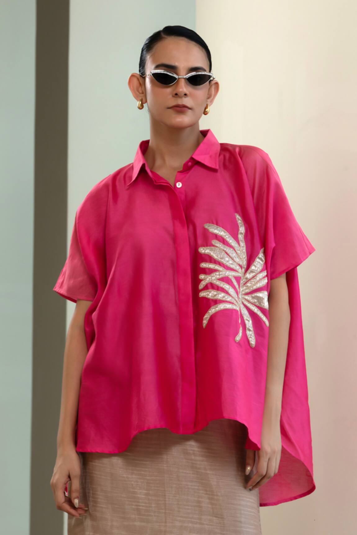 Eeda Kaftan-Style Silk Shirt With Patch Embroidery 