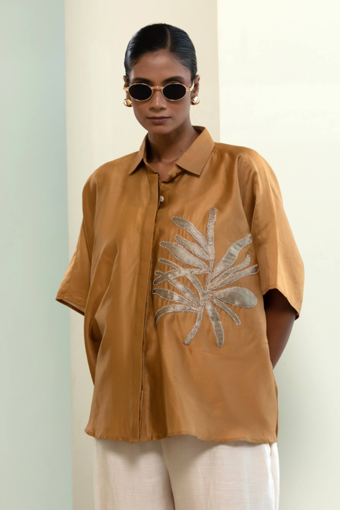Eeda Kaftan-Style Silk Chanderi Shirt With Patch 