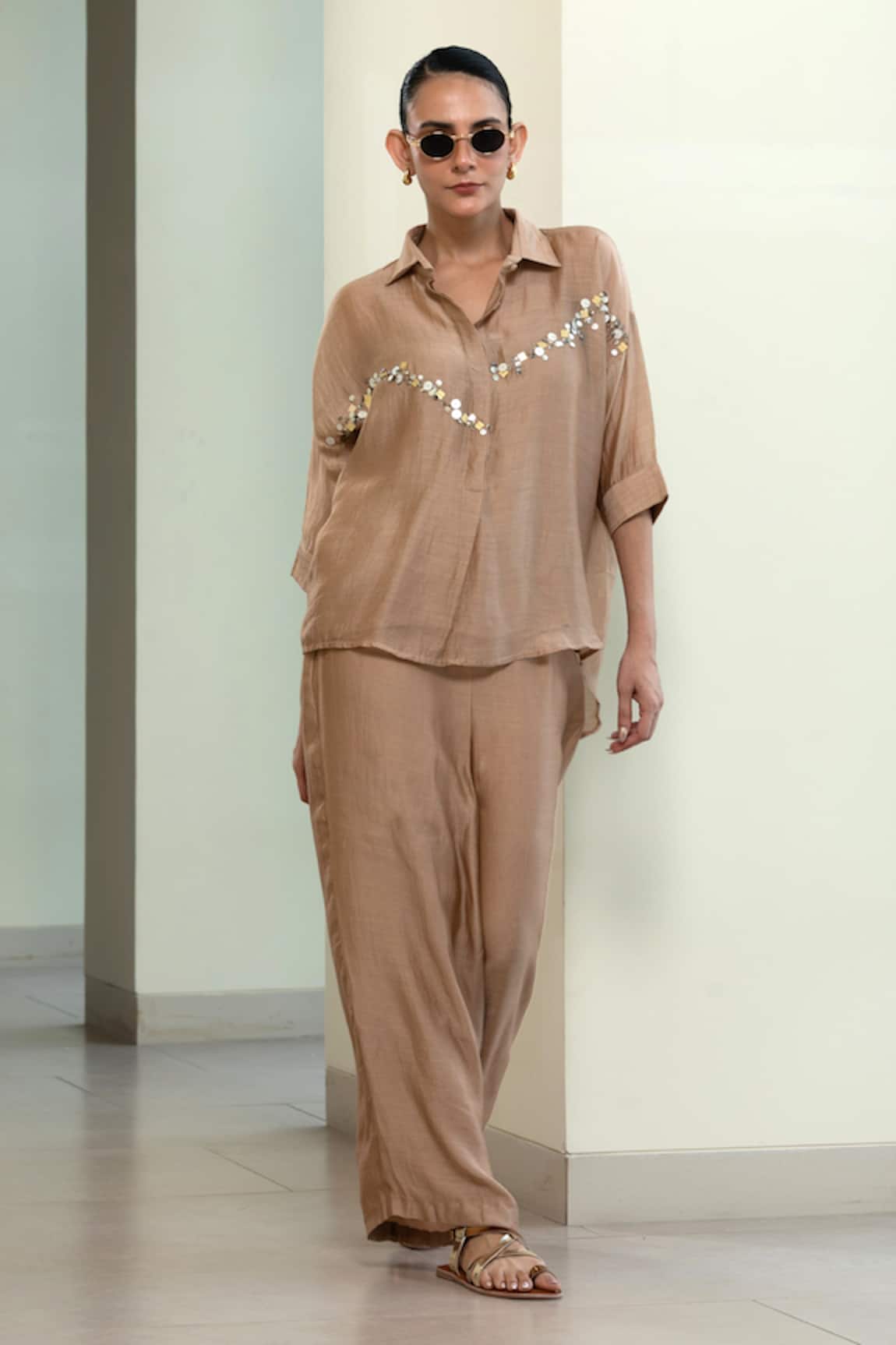 Eeda Sequins Embellished Shirt With Slip 