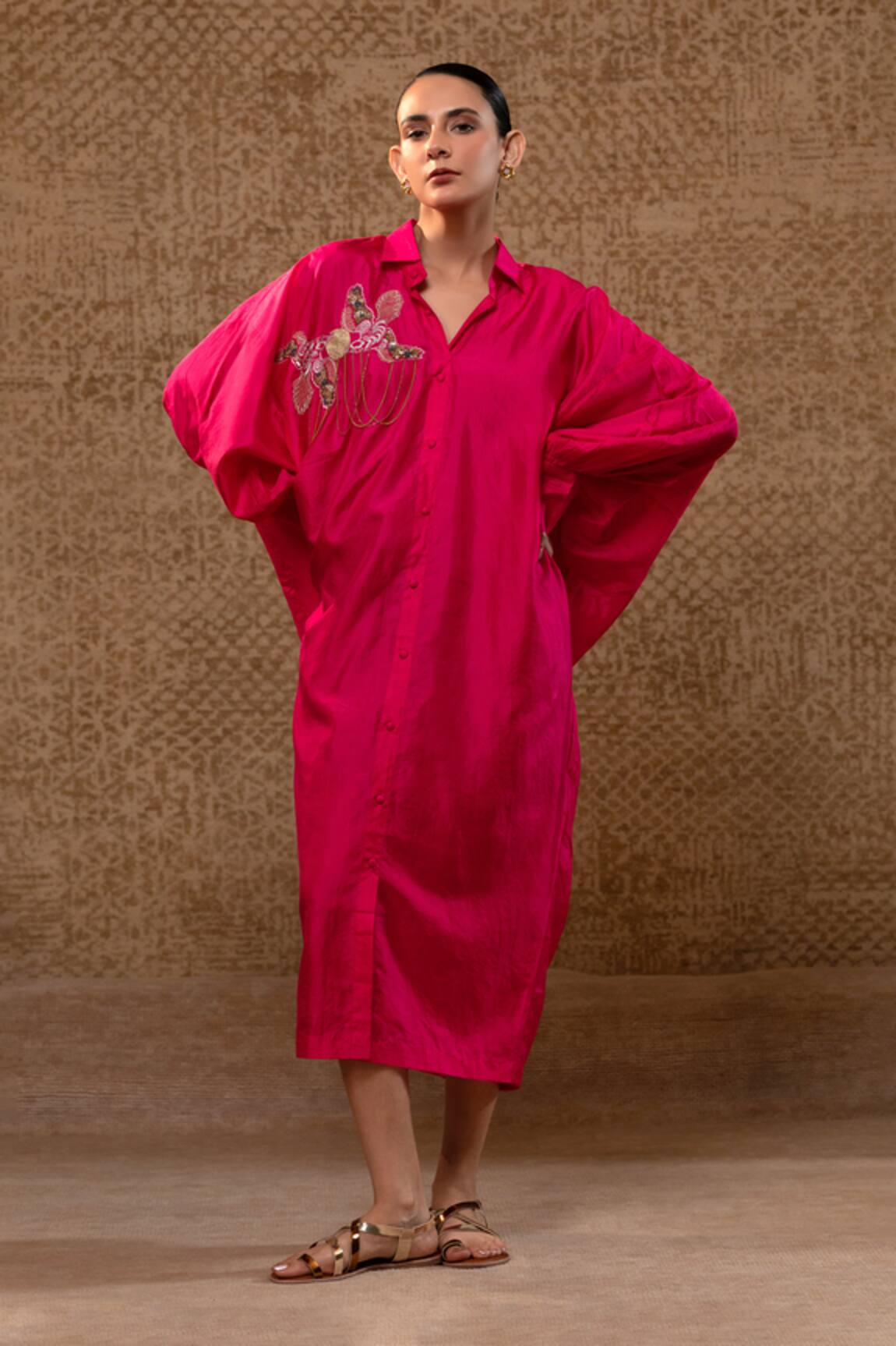 Eeda Sequins Embroidered Silk Sculpted Sleeve Dress 