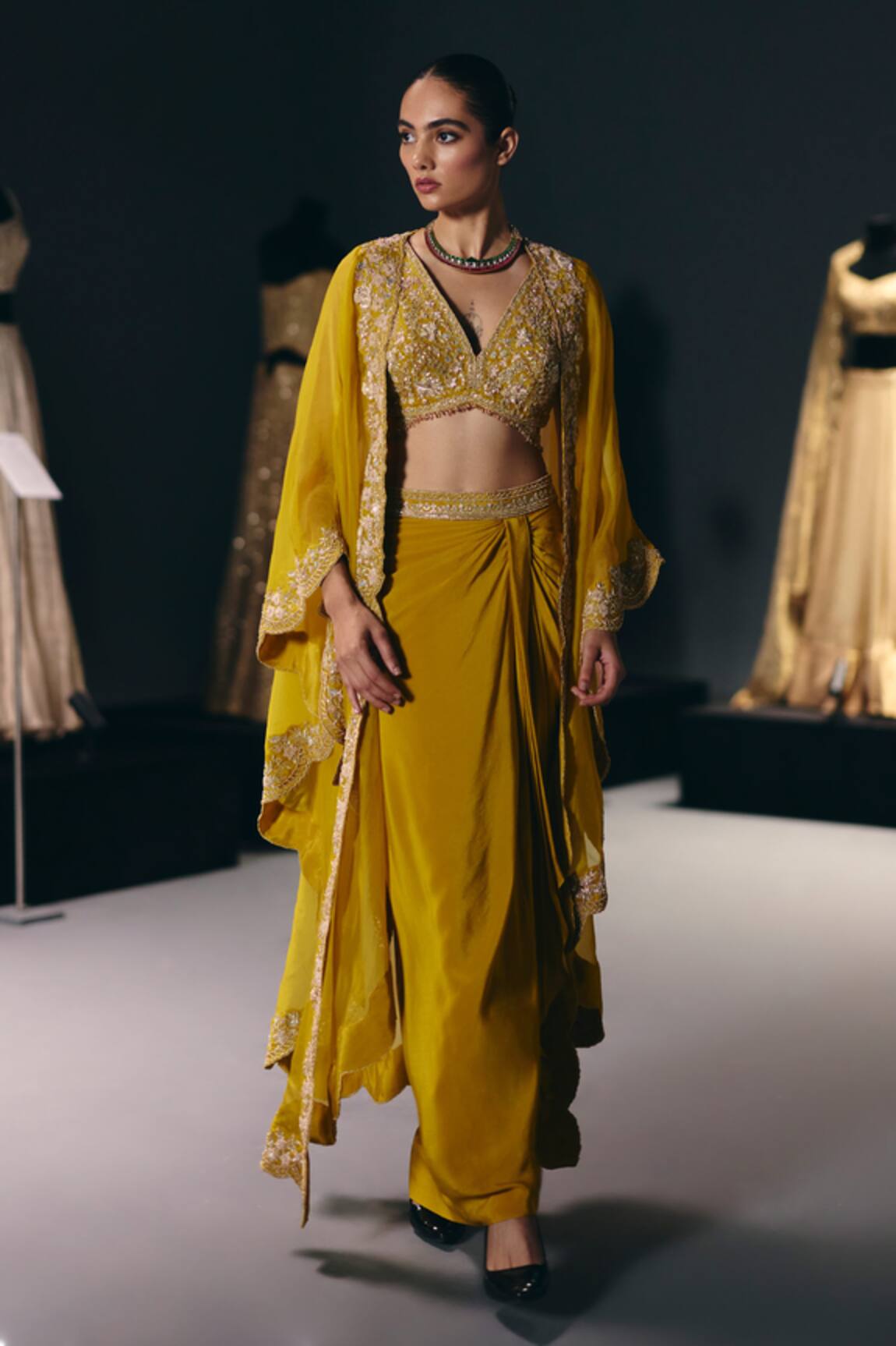 Sana Barreja Impression Border Embroidered Cape Skirt Set