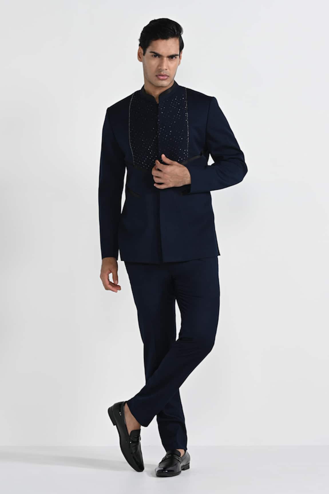 Kalpana Naik Onyx Blue Pintuck Detail Embroidered Bandhgala Set 